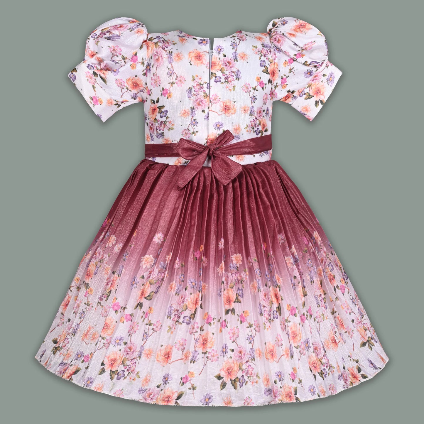Elegant Kids Floral Party Dress – Art Silk Fabric | Embroidered Bodice | Puff Sleeves Occasion Wear Fep3507