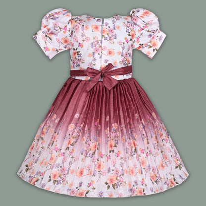 Elegant Kids Floral Party Dress – Art Silk Fabric | Embroidered Bodice | Puff Sleeves Occasion Wear Fep3507
