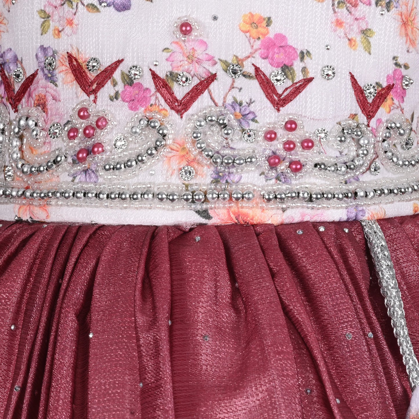 Elegant Kids Floral Party Dress – Art Silk Fabric | Embroidered Bodice | Puff Sleeves Occasion Wear Fep3507