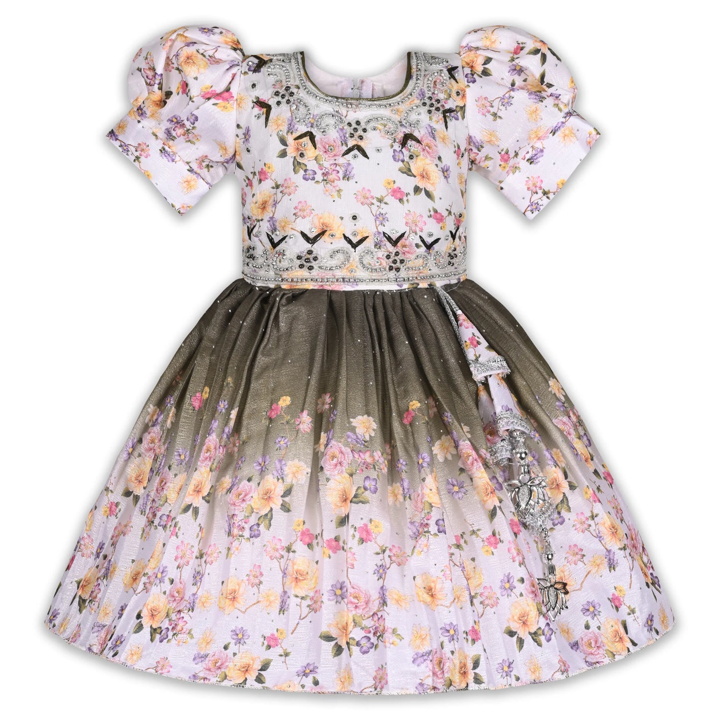 Elegant Kids Floral Party Dress – Art Silk Fabric | Embroidered Bodice | Puff Sleeves Occasion Wear Fep3507