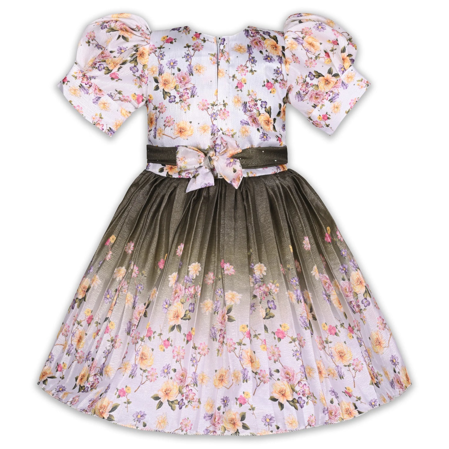 Elegant Kids Floral Party Dress – Art Silk Fabric | Embroidered Bodice | Puff Sleeves Occasion Wear Fep3507