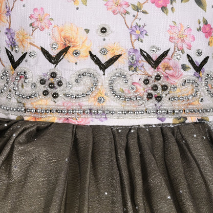 Elegant Kids Floral Party Dress – Art Silk Fabric | Embroidered Bodice | Puff Sleeves Occasion Wear Fep3507