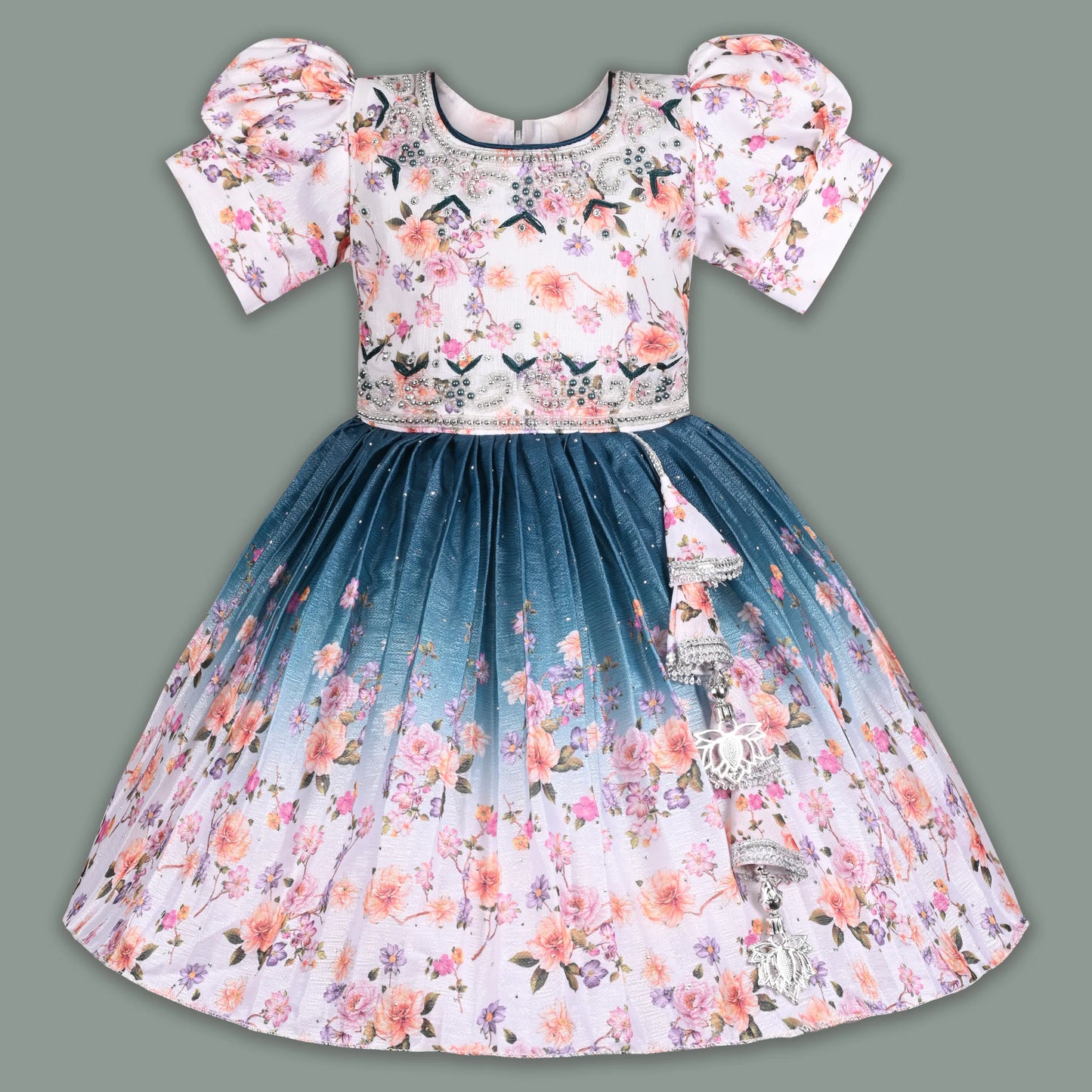 Elegant Kids Floral Party Dress – Art Silk Fabric | Embroidered Bodice | Puff Sleeves Occasion Wear Fep3507