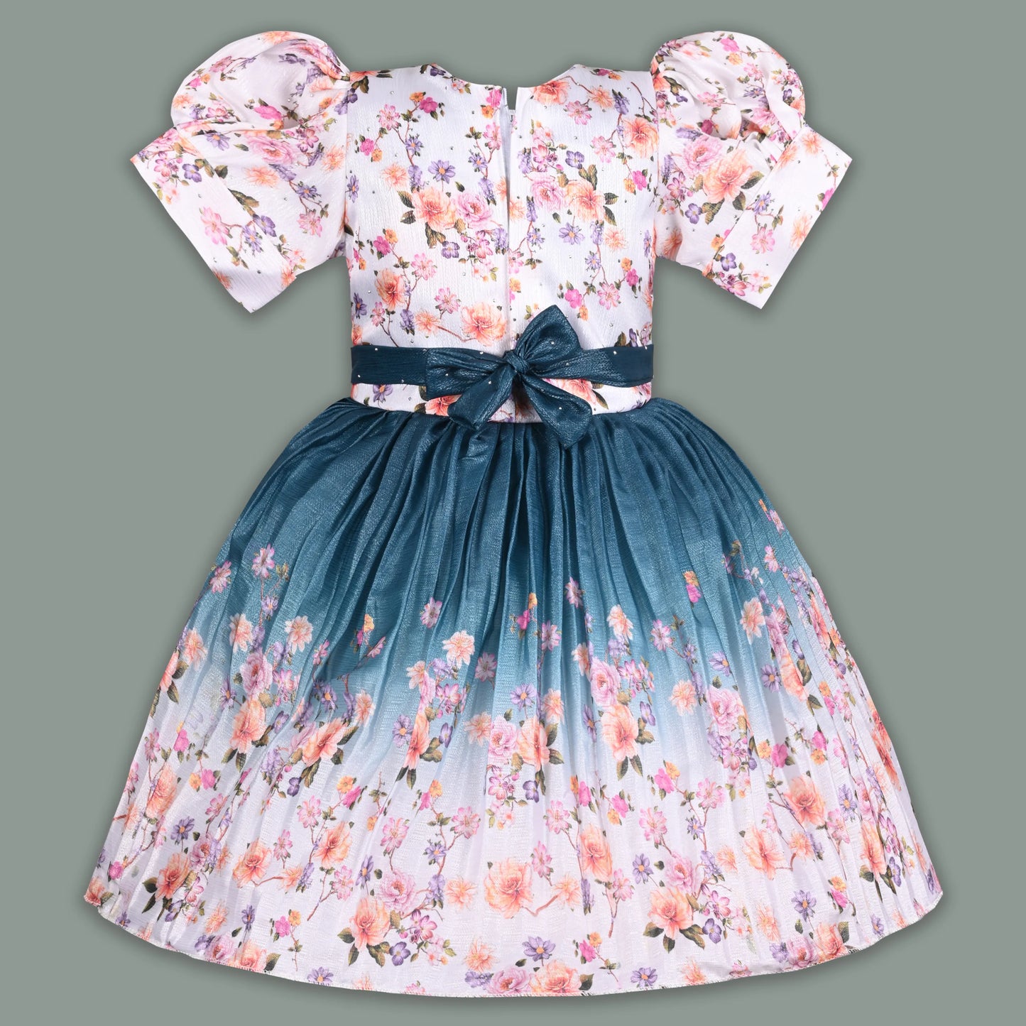 Elegant Kids Floral Party Dress – Art Silk Fabric | Embroidered Bodice | Puff Sleeves Occasion Wear Fep3507