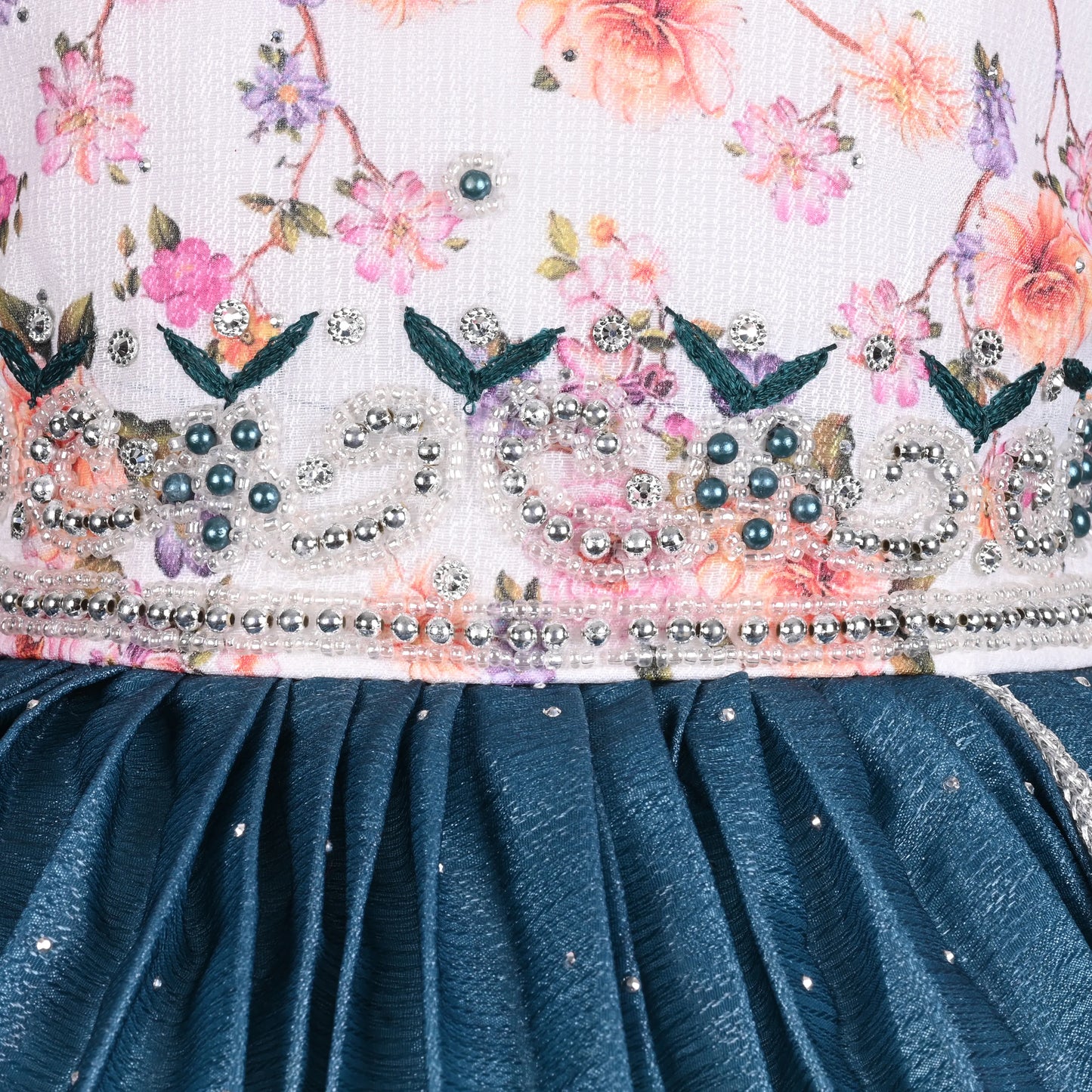 Elegant Kids Floral Party Dress – Art Silk Fabric | Embroidered Bodice | Puff Sleeves Occasion Wear Fep3507
