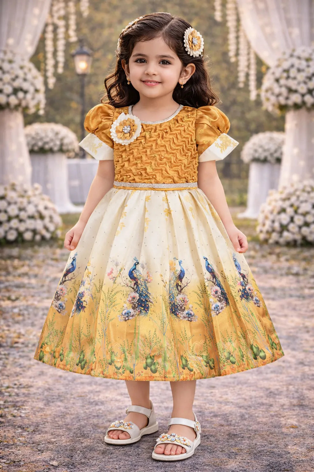 Elegant Kids Peacock Party Dress – Satin Fabric | Puff Sleeves | Designer Occasion Wear