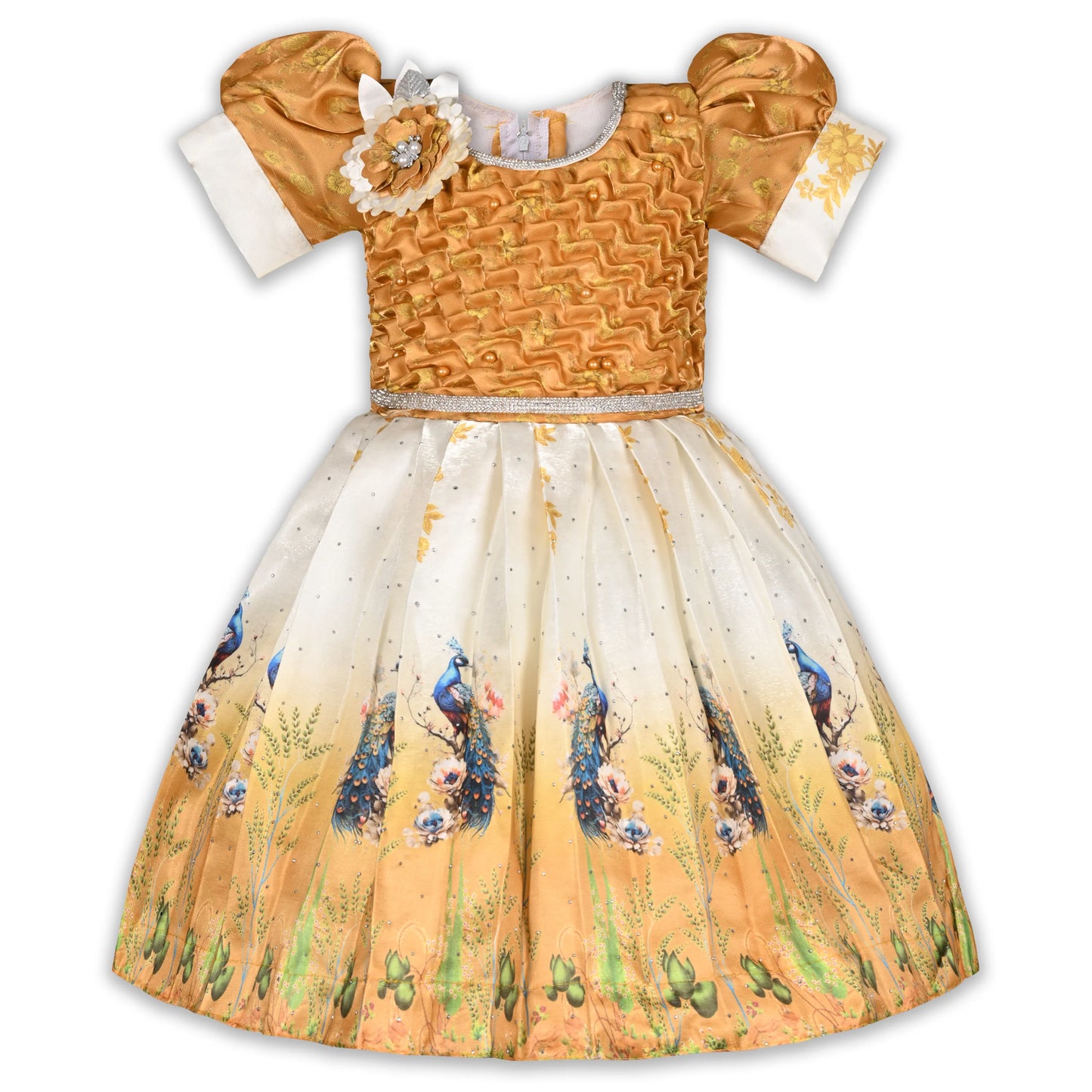 Elegant Kids Peacock Party Dress – Satin Fabric | Puff Sleeves | Designer Occasion Wear