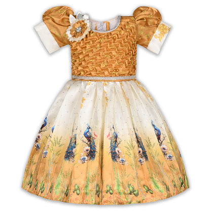 Elegant Kids Peacock Party Dress – Satin Fabric | Puff Sleeves | Designer Occasion Wear