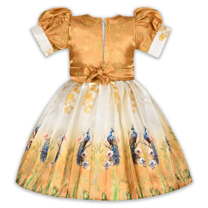 Elegant Kids Peacock Party Dress – Satin Fabric | Puff Sleeves | Designer Occasion Wear