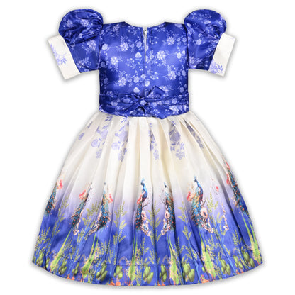 Elegant Kids Peacock Party Dress – Satin Fabric | Puff Sleeves | Designer Occasion Wear