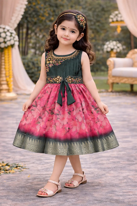 Girls Art Silk Party Dress with Embroidery & Floral Skirt | Ethnic Kids Festive Wear