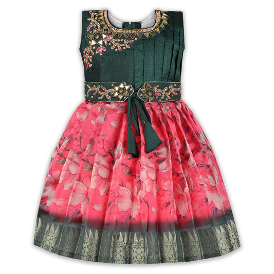 Girls Art Silk Party Dress with Embroidery & Floral Skirt | Ethnic Kids Festive Wear