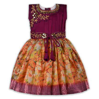 Girls Art Silk Party Dress with Embroidery & Floral Skirt | Ethnic Kids Festive Wear