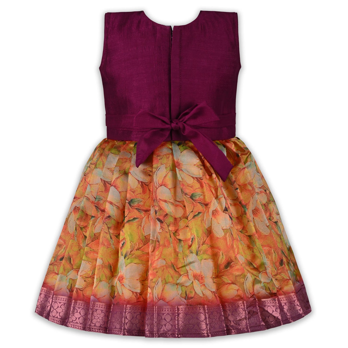 Girls Art Silk Party Dress with Embroidery & Floral Skirt | Ethnic Kids Festive Wear