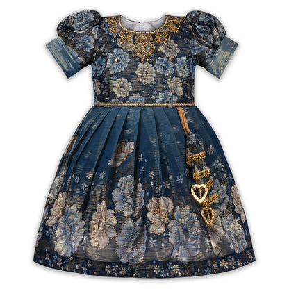 Girls Satin Floral Party Dress with Embroidery & Tassel Detail | Premium Kids Festive Wear