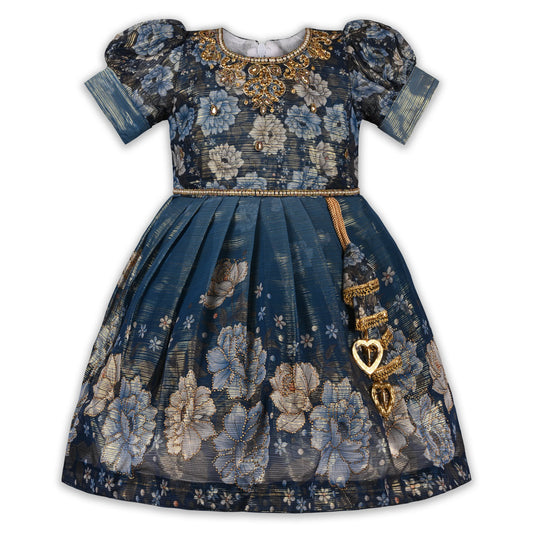 Girls Satin Floral Party Dress with Embroidery & Tassel Detail | Premium Kids Festive Wear
