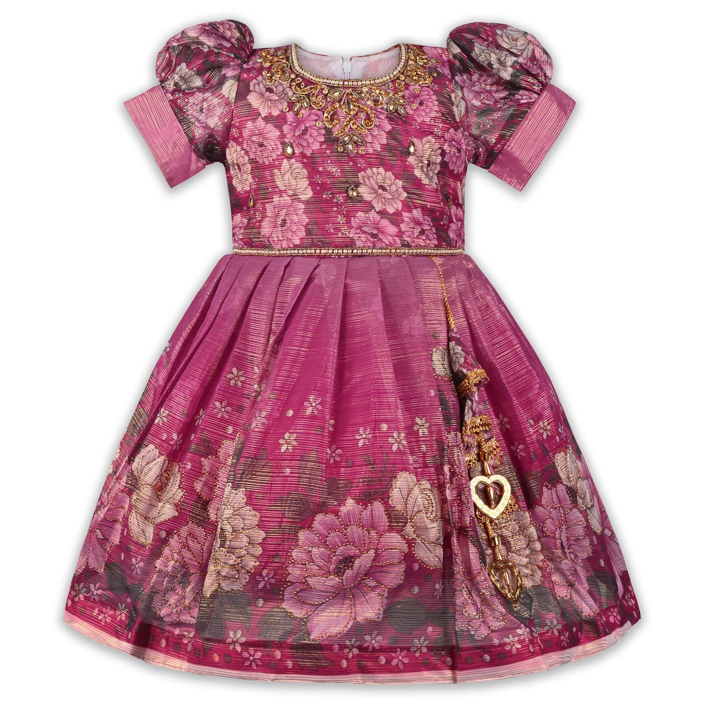 Girls Satin Floral Party Dress with Embroidery & Tassel Detail | Premium Kids Festive Wear