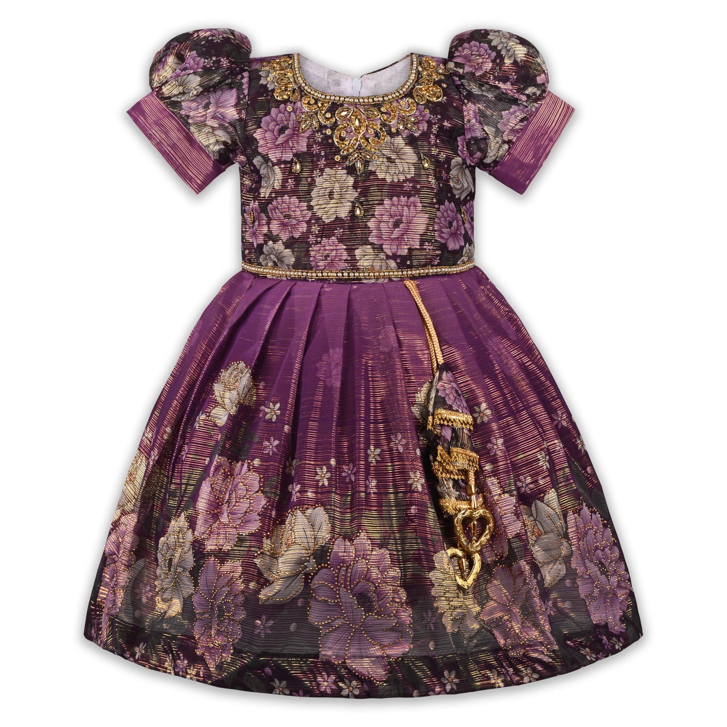 Girls Satin Floral Party Dress with Embroidery & Tassel Detail | Premium Kids Festive Wear