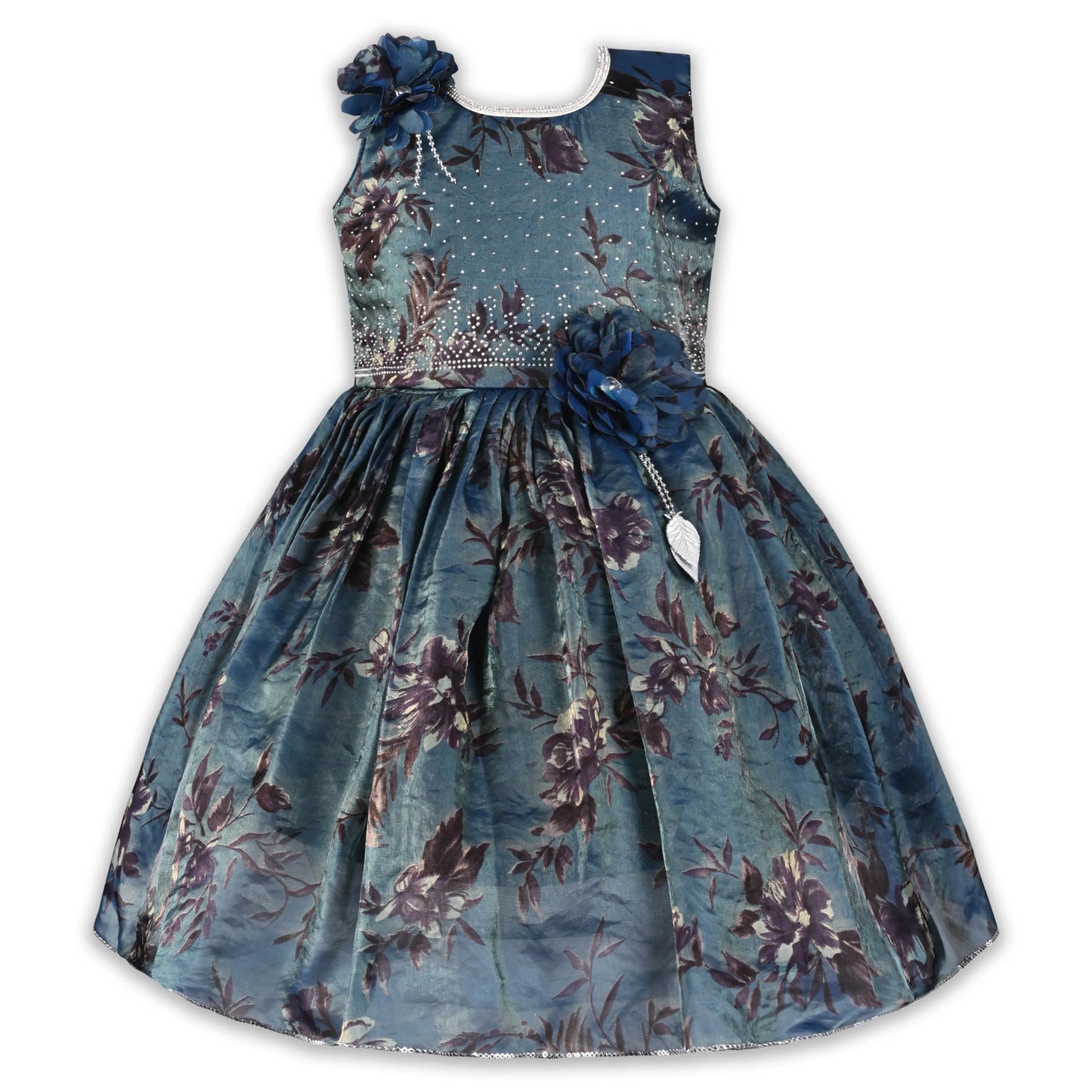 Girls Satin Floral Party Dress with 3D Flower Detail | Premium Kids Festive Wear