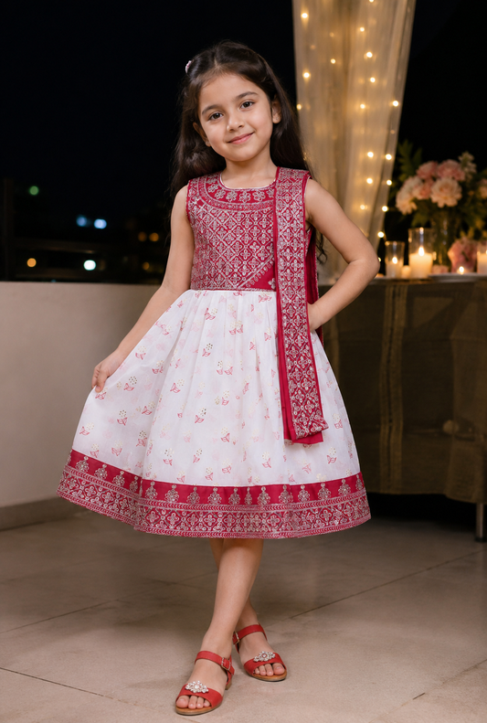 Girls Maroon & White Georgette Ethnic Party Wear Dress - Wish Karo