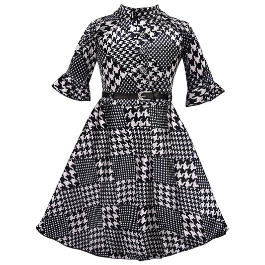 Girls Printed Flared Sleeve Casual Dress with Belt