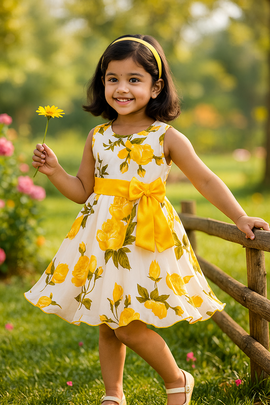 Yellow Floral Printed Bow Dress - Wish Karo - photo 1