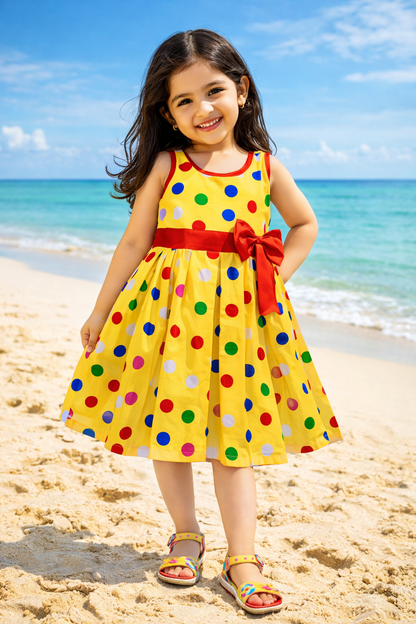 Girls  Polka Dot Cotton Party Dress with Orange Bow – Cute Sleeveless Kids Dress.