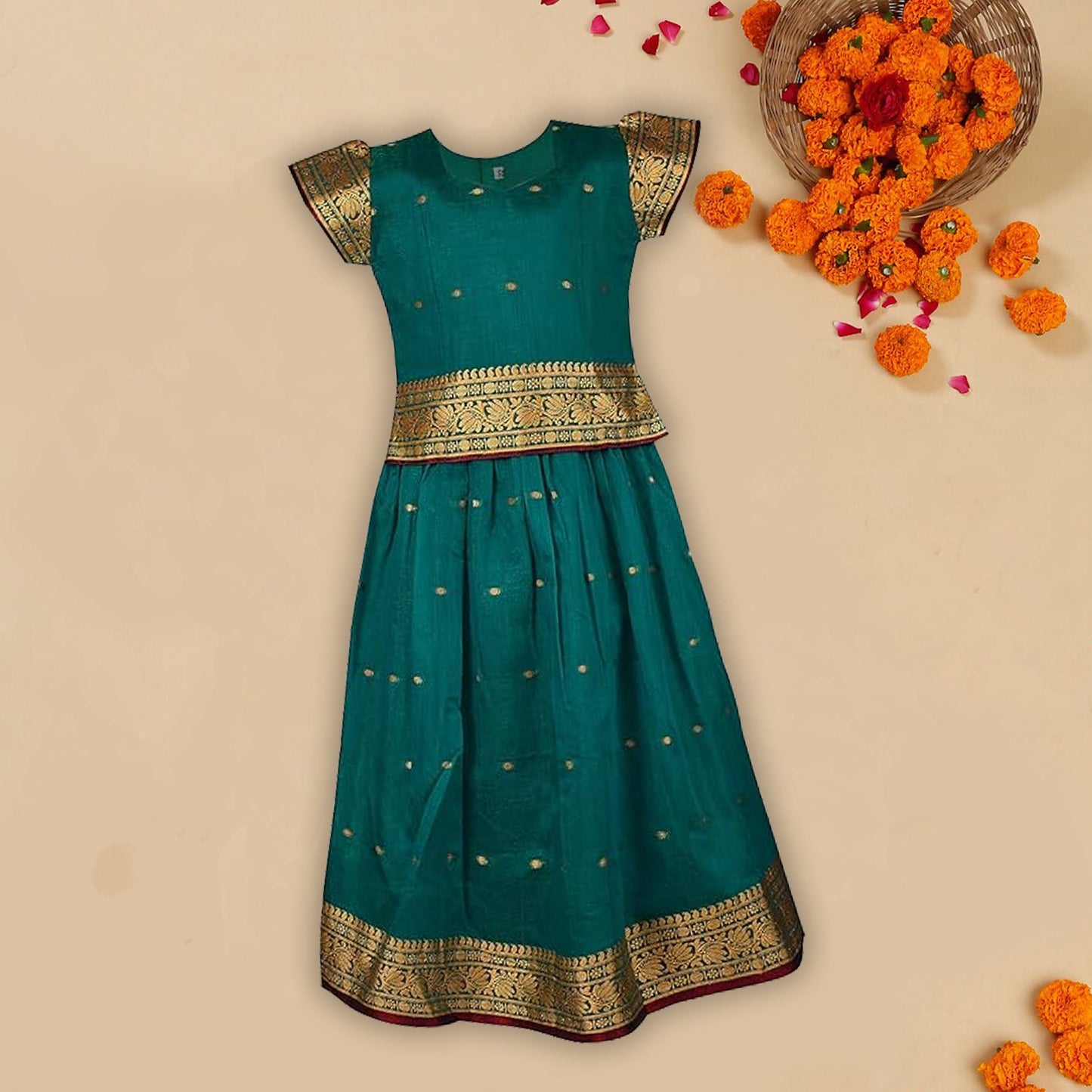 Girls Zari Woven Pattu Pavadai Choli Skirt Set