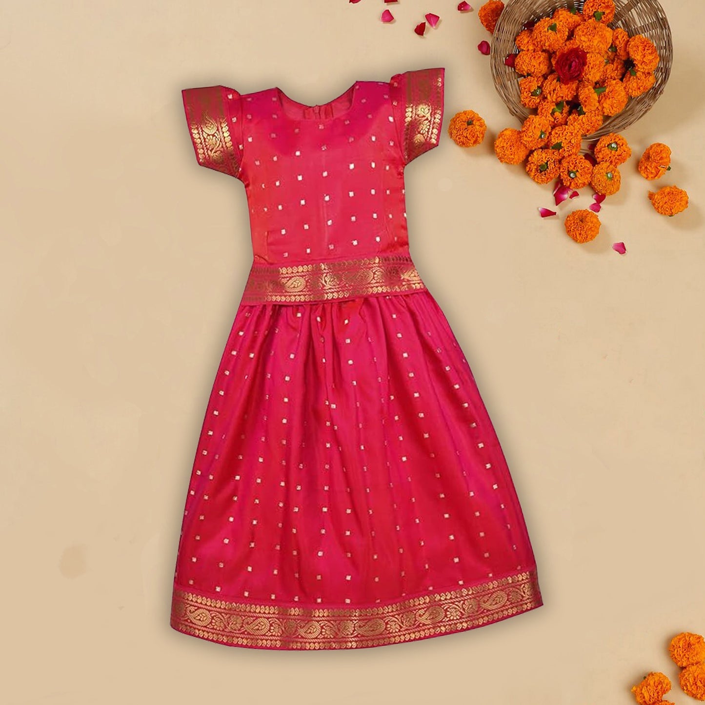 Girls Zari Woven Pattu Pavadai Choli Skirt Set gc204pnk