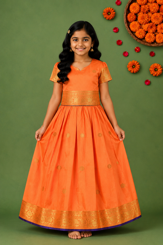 Girls Zari Woven Pattu Pavadai Choli Skirt Set