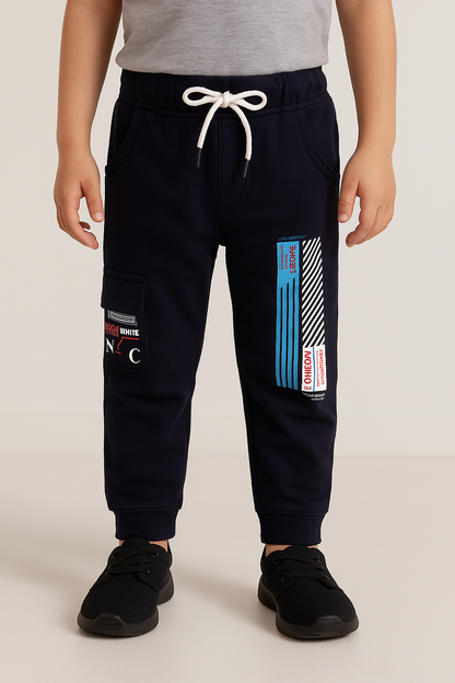 Boys Navy Printed Cotton Blend Jogger Pants js63nb
