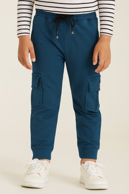 Boys Solid Cotton Cargo Trousers With Drawstrings