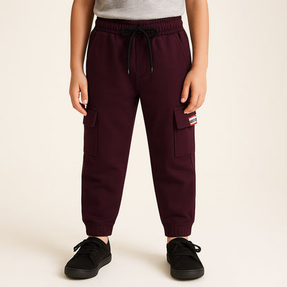 Boys Solid Cotton Cargo Trousers With Drawstrings