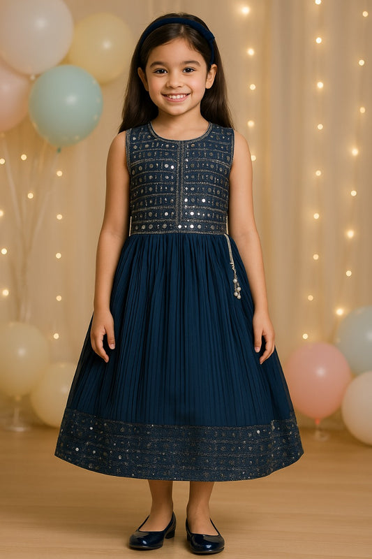 Girls Mirror Embellished Pleated Ethnic Dress