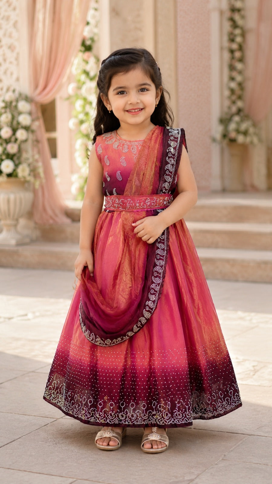 Girls Korean Satin Ethnic Party Wear Gown with Drape Detail