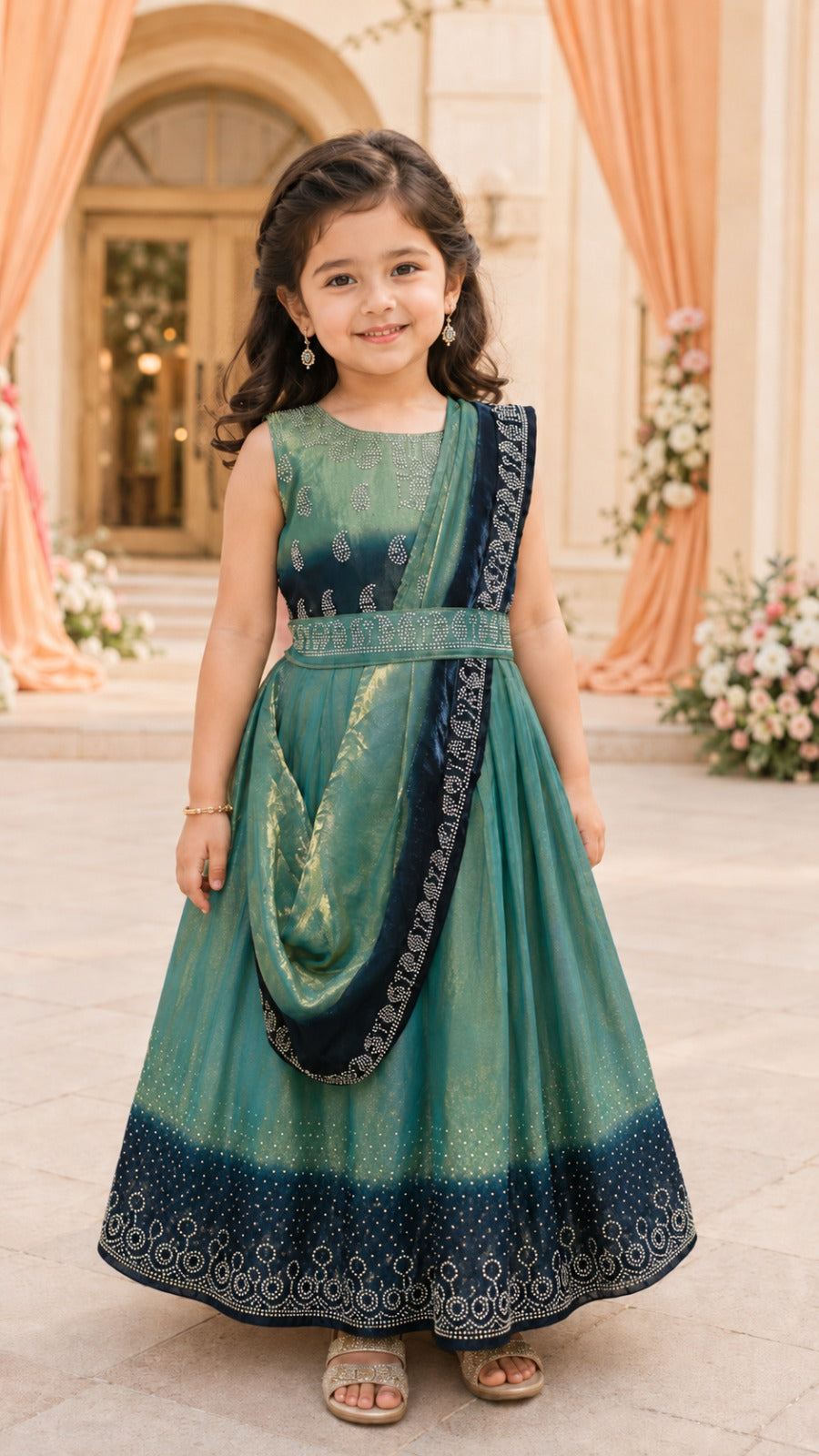 Girls Korean Satin Ethnic Party Wear Gown with Drape Detail - Wish Karo