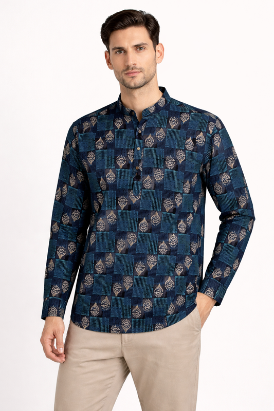 Men’s Printed Cotton Kurta Shirt – Ethnic Block Pattern, Full Sleeves