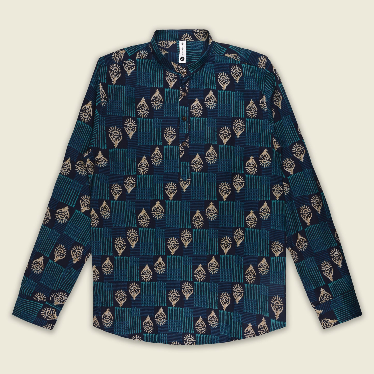 Men’s Printed Cotton Kurta Shirt – Ethnic Block Pattern, Full Sleeves