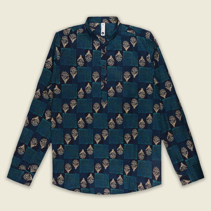 Men’s Printed Cotton Kurta Shirt – Ethnic Block Pattern, Full Sleeves