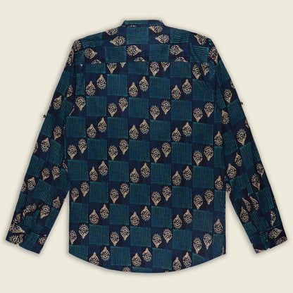 Men’s Printed Cotton Kurta Shirt – Ethnic Block Pattern, Full Sleeves