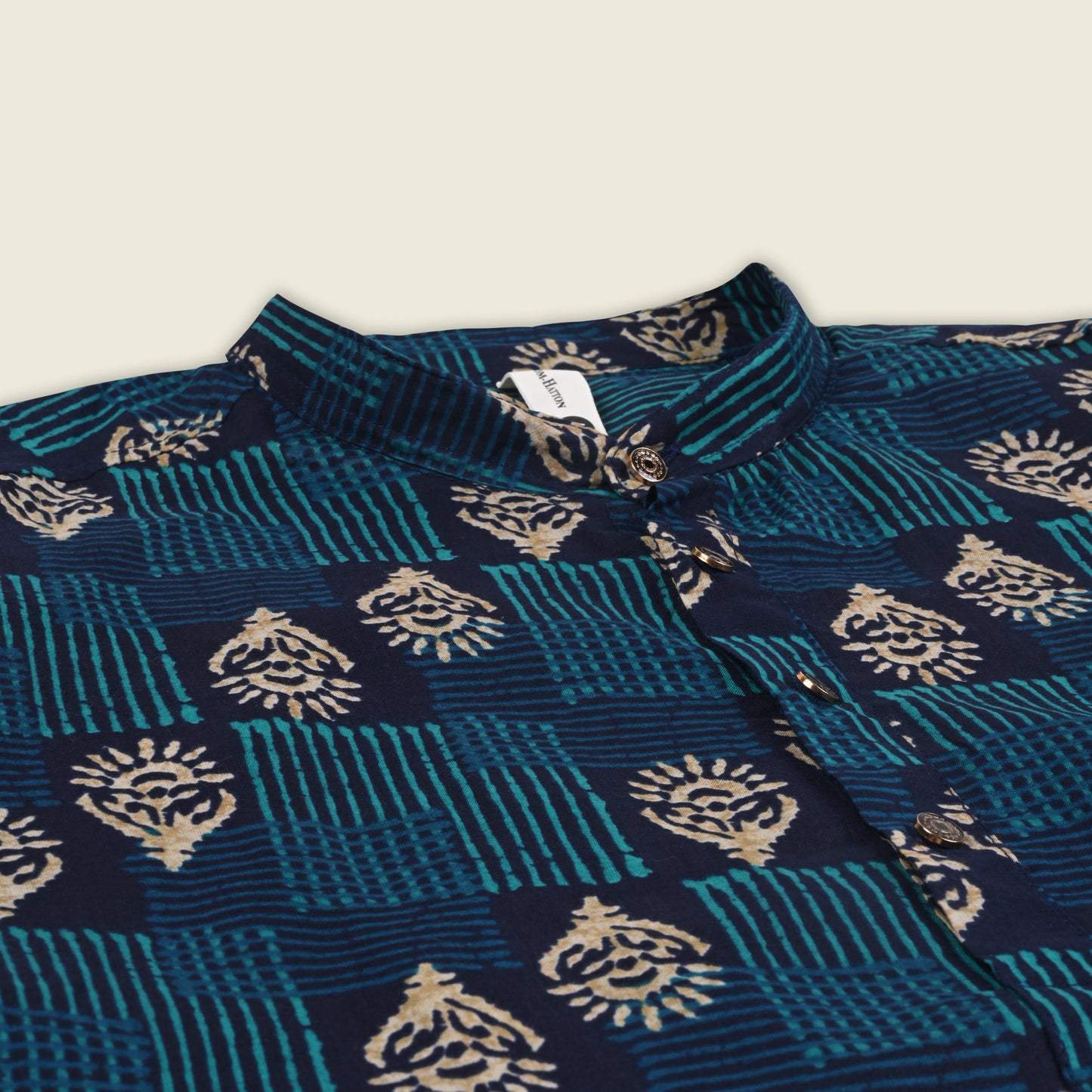 Men’s Printed Cotton Kurta Shirt – Ethnic Block Pattern, Full Sleeves