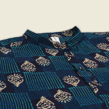 Men’s Printed Cotton Kurta Shirt – Ethnic Block Pattern, Full Sleeves