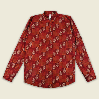 Men’s Printed Cotton Kurta Shirt – Ethnic Block Pattern, Full Sleeves