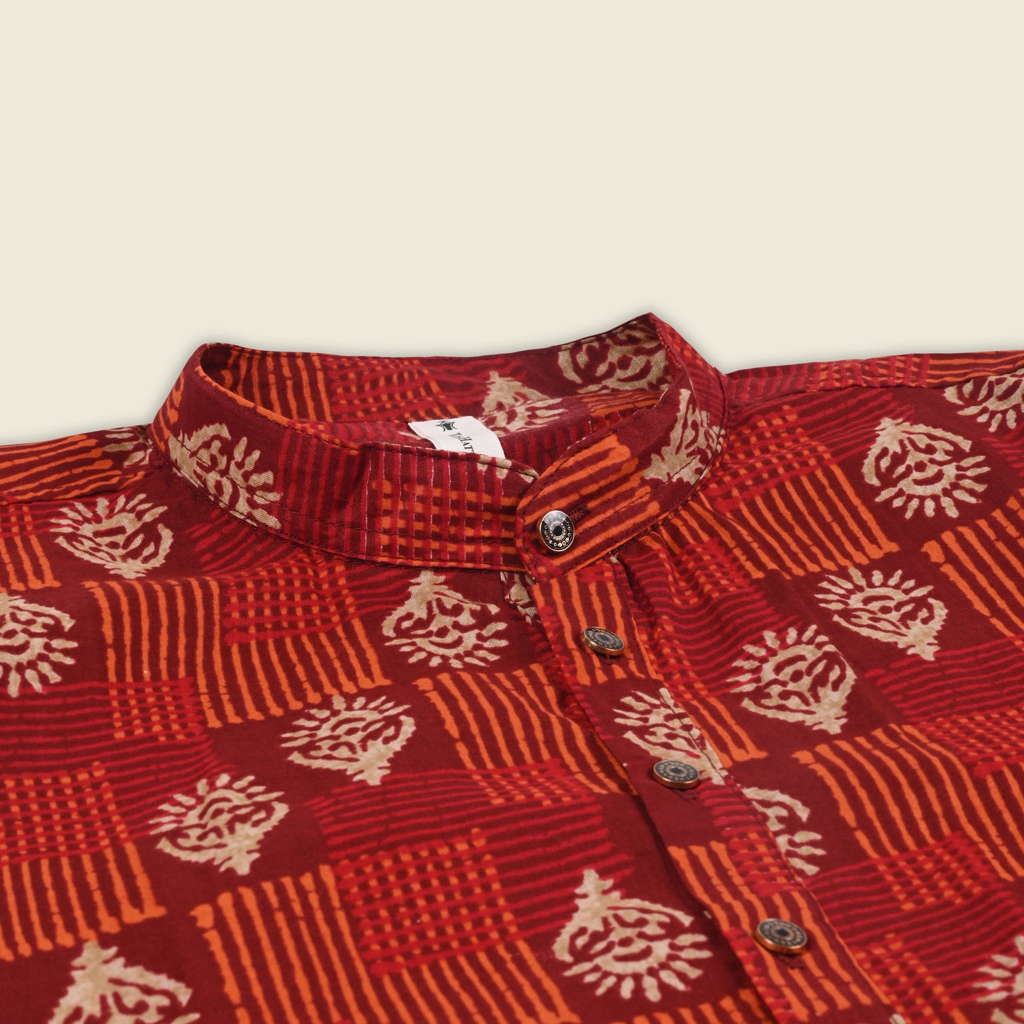 Men’s Printed Cotton Kurta Shirt – Ethnic Block Pattern, Full Sleeves