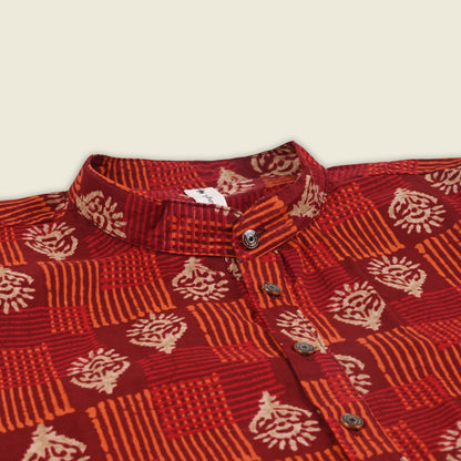 Men’s Printed Cotton Kurta Shirt – Ethnic Block Pattern, Full Sleeves