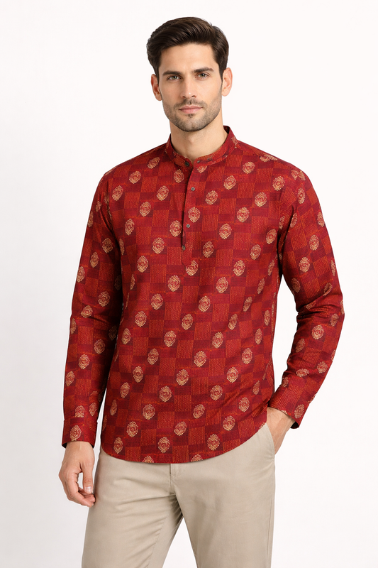 Men’s Printed Cotton Kurta Shirt – Ethnic Block Pattern, Full Sleeves