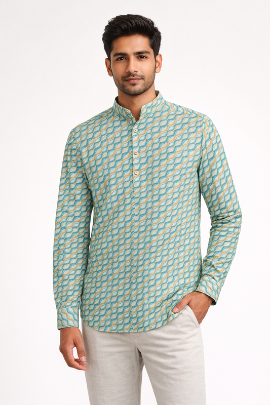 Men’s Printed Cotton Kurta Shirt – Geometric Pattern, Full Sleeves - Wish Karo