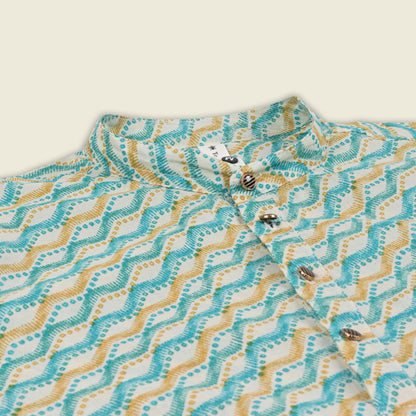 Men’s Printed Cotton Kurta Shirt – Geometric Pattern, Full Sleeves