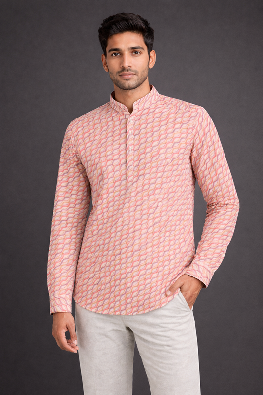Men’s Printed Cotton Kurta Shirt – Geometric Pattern, Full Sleeves