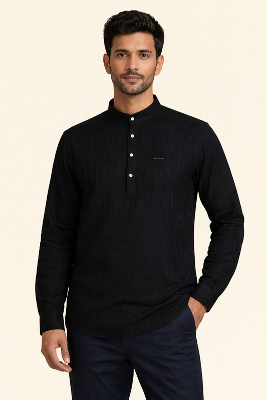 Men’s Textured Cotton Kurta Shirt – Mandarin Collar, Full Sleeves